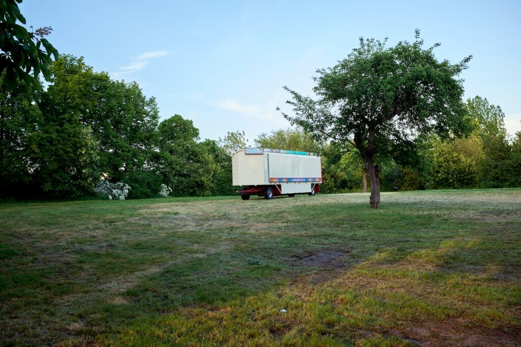 a truck parked in a field next to a tree